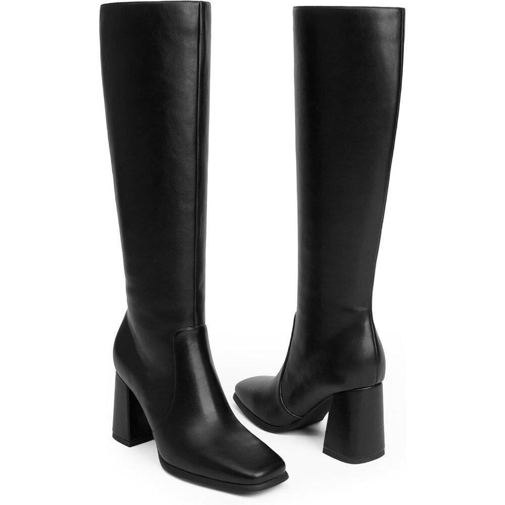 Women's Black Modatope Knee High Chunky Heel Square Toe Side Zipper Long boots - Picture 3 of 9